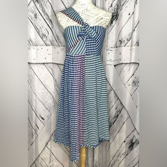 Anthropologie Maeve Waverly Dress Checked One-Shoulder Asymmetrical Blue 10 - Picture 2 of 10